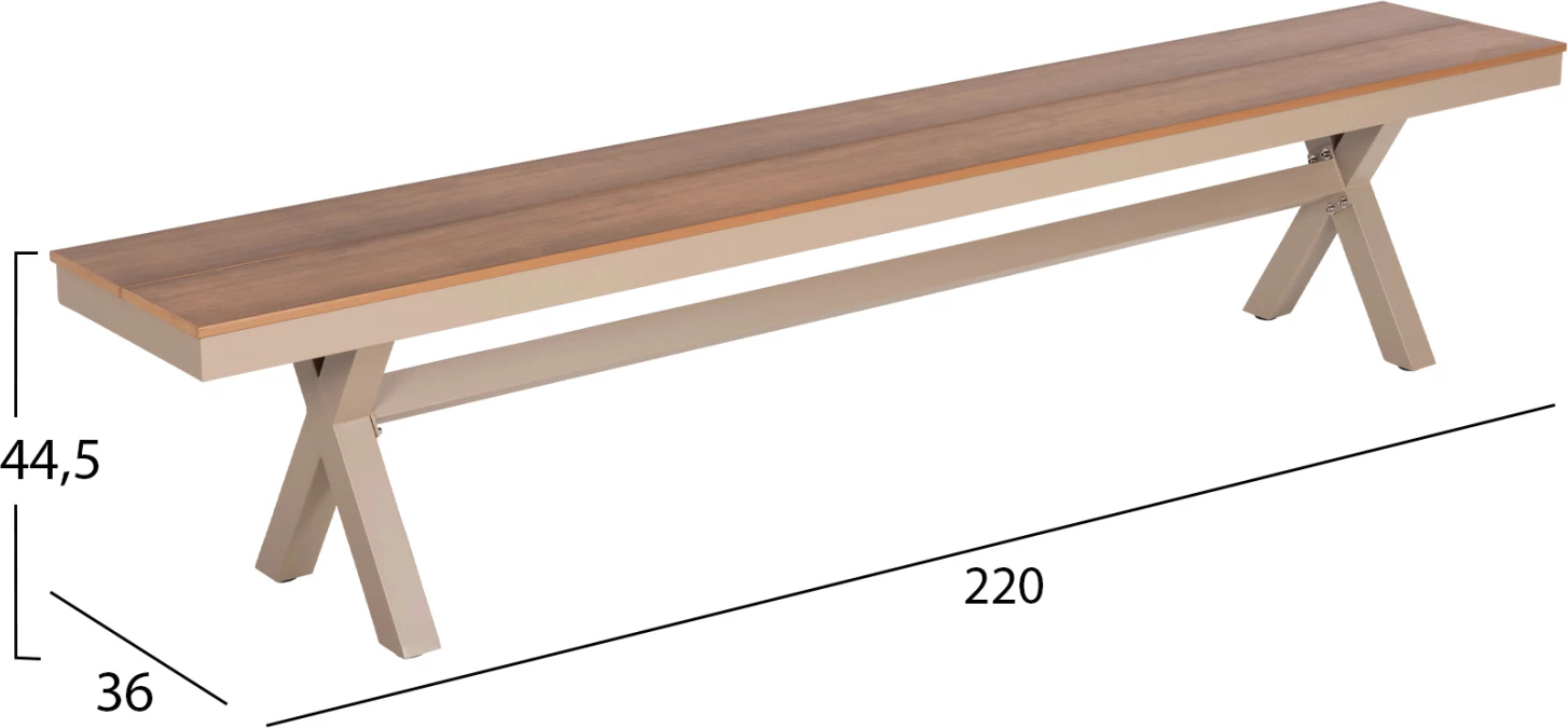 Stol alumini TAWNEE FH6040.04 ngjyrë shampanje - sipërfaqe polivudi ngjyrë druri natyral 220x36x44,5Hcm