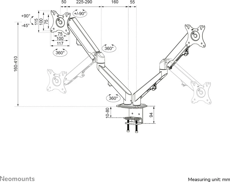 Krah tavoline për monitorë Neomounts Newstar DS70-700BL2, për 2 ekrane, 27 inç, rregullim lartësie me gaz, kapëse, e zezë