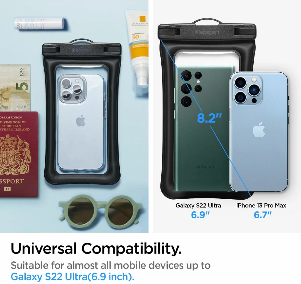 Mbështjellës Spigen Aqua Shield A610 për telefon, i papërshkueshëm nga uji, IPX8, me rrip, i zi