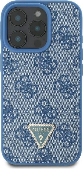 Mbështjellës Guess Leather 4G Triangle Strass për iPhone 16 Pro Max, MagSafe, Kaltër