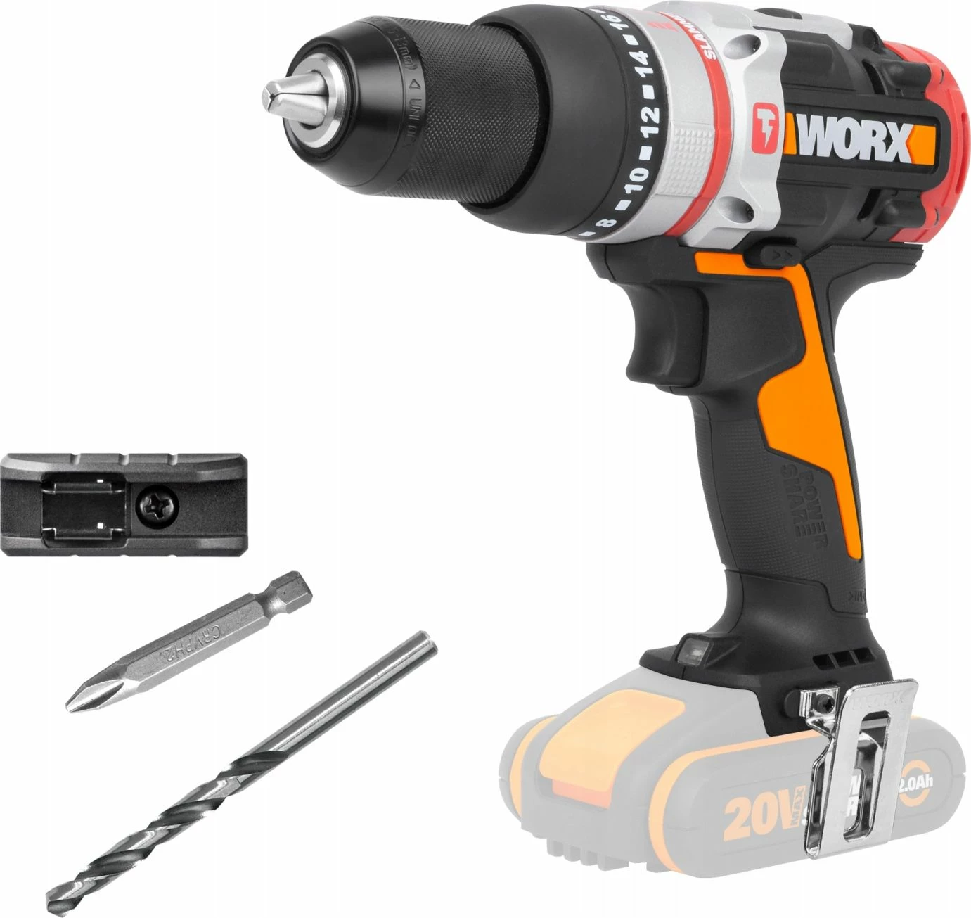 Trapan/vidhosës udaror me bateri Worx WX354.9 20V, brushless, 60Nm, 13mm, pa bateri/pa karikues, zi/portokalli, me aksesorë
