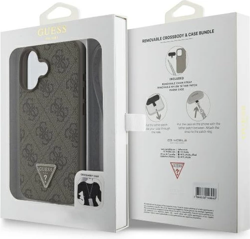Mbështjellës Guess për iPhone 16, lëkurë, crossbody, kafe