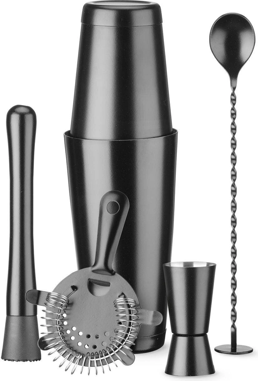 Set aksesorësh barmeni, BarUp Barkit in Tube, Boston shaker 500/800 ml, xhiger 25/50 ml, lugë spirale 27 cm, sitë Hawthorne, grirës (muddler), tub kartoni, diametër 120 x 320 mm, e zezë