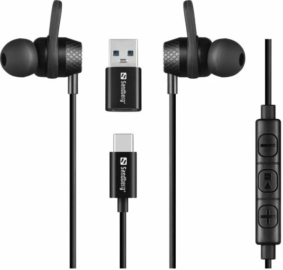 Kufje SANDBERG USB-C/A In-Earset 126-50, me mikrofon në kabllo, kabllo 1.2 m, set me adapter USB-C në USB-A + 3 palë tips, e zezë