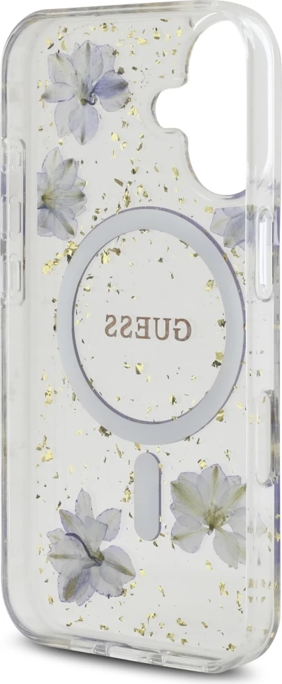 Mbështjellës Guess Resin Flowers Glitter MagSafe për iPhone 16, Vjollcë