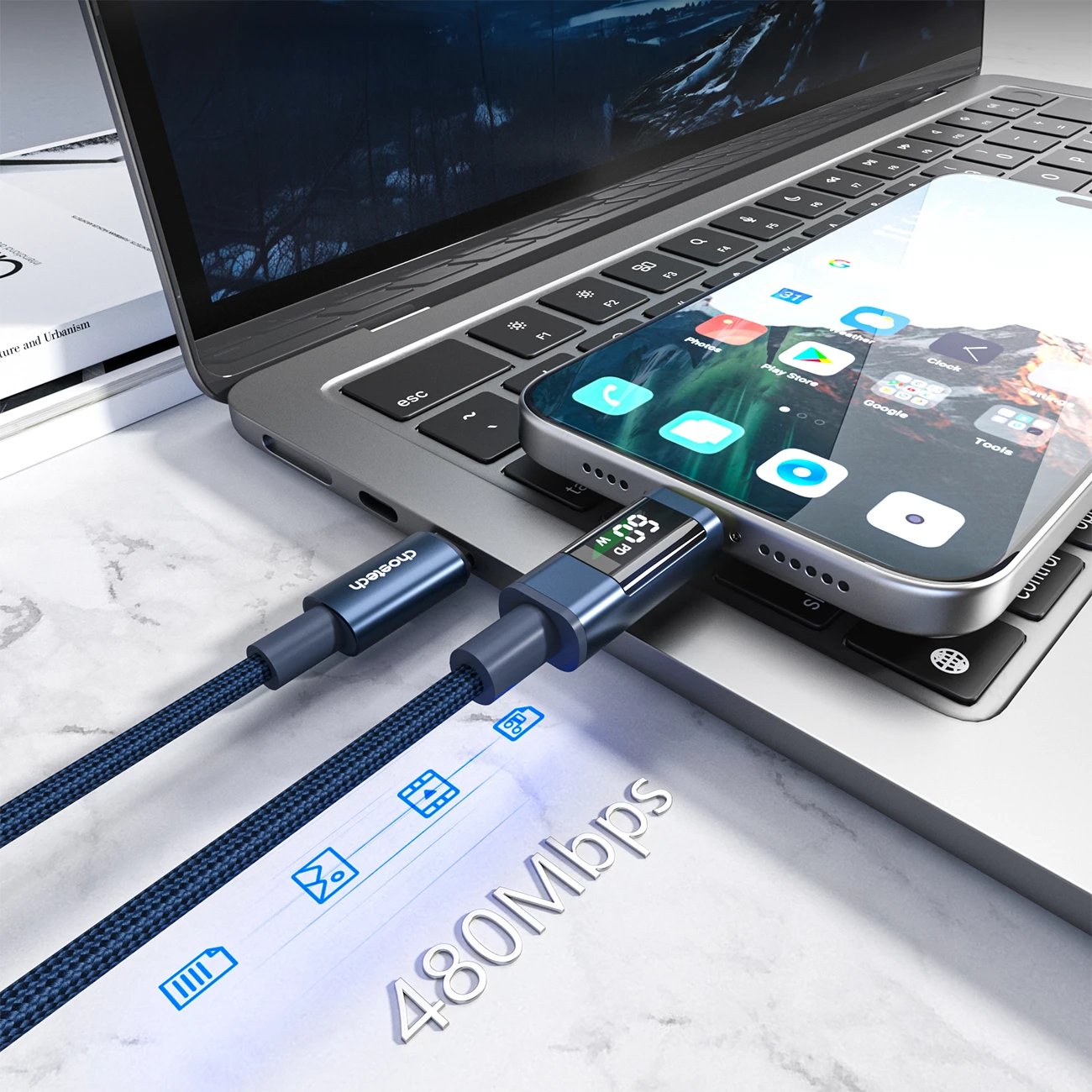 Kabllo USB-C në USB-C Choetech XCC-1068 PD 60W 1.2 m me ekran, blu