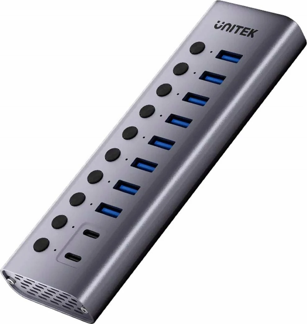 Hub USB Unitek H1315B01-EU 10-në-1, 2x USB-C + 8x USB-A 3.0, 5Gbps, me adapter 12V/3A, argjendtë