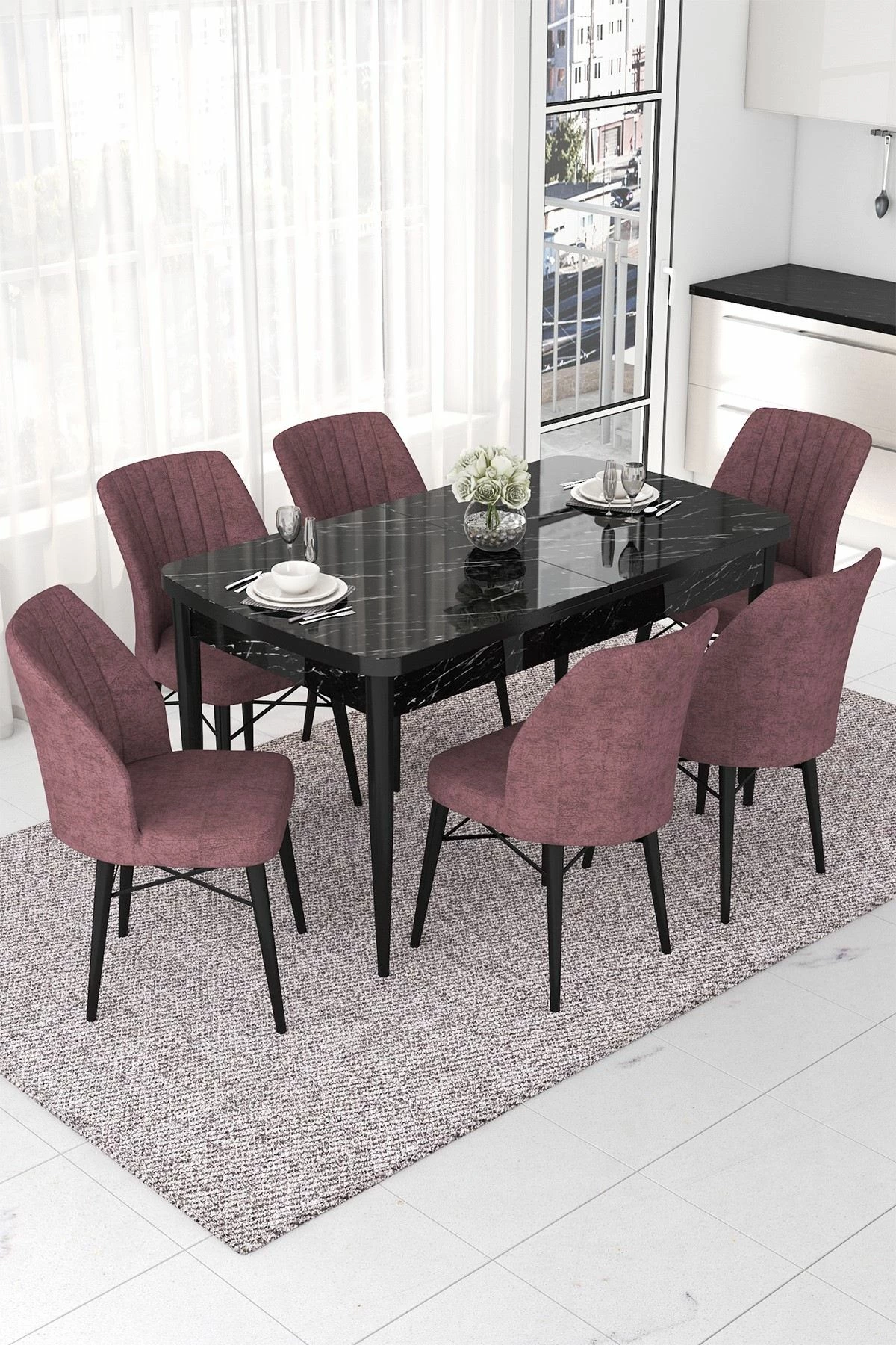 Tavolinë me karrige, zgjatshme, 7 copë, Skye Decor, ngjyrë mermeri të zi, dusty rose