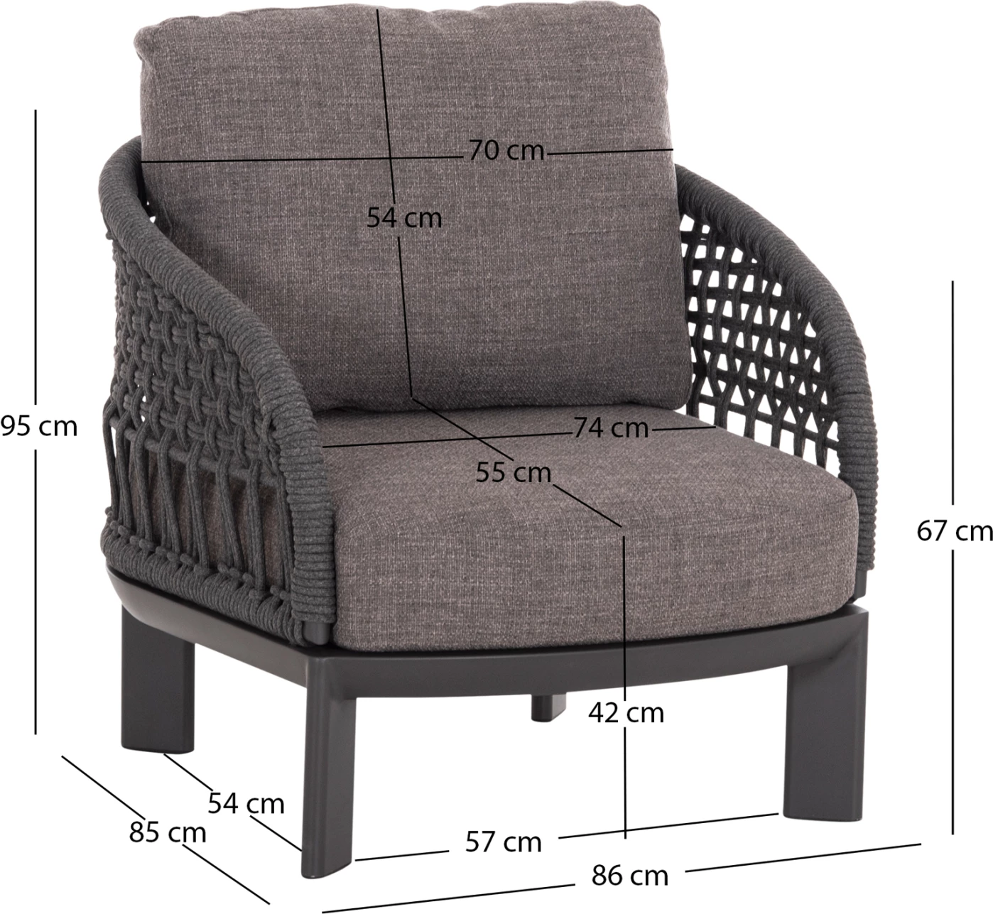 Set lounge 4 pjesësh LADRIS, alumin i zi, litar, jastëkë, CD6405.02