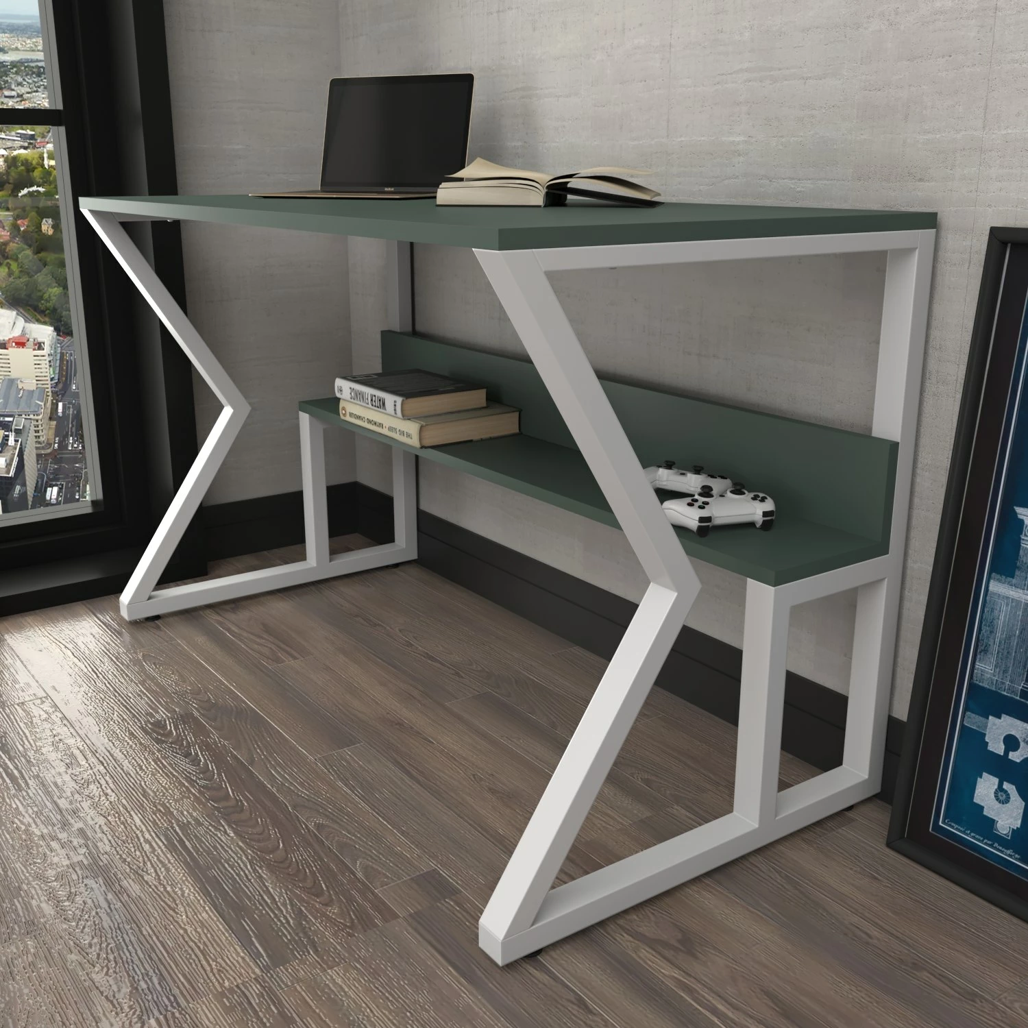 Tavolinë pune për studime, Skye Decor, ngjyrë e gjelbër dhe e bardhë