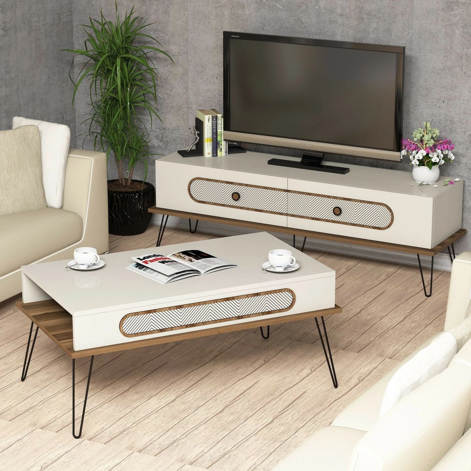 Set mobiljesh për dhomë dite Skye Decor, Ekol, krem