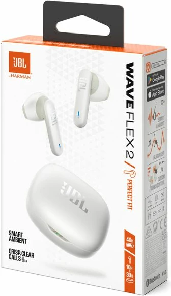 Kufje JBL Wave Flex 2, Bluetooth 5.3, driver 12 mm, 40 orë me kuti karikimi, IP54, të bardha
