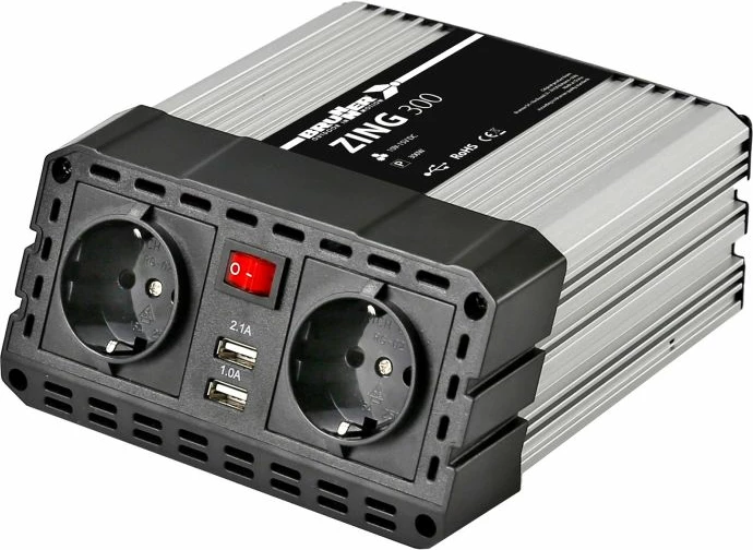 Inverter BRUNNER Zing 300, 300 W, valë sinus e modifikuar, 230 V, USB 5 V/3.1 A, argjendtë/zi