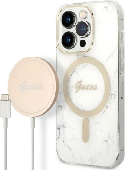 Mbështjellës Guess Marble me MagSafe dhe karikues wireless, për iPhone 14 Pro 6.1", Bardhë