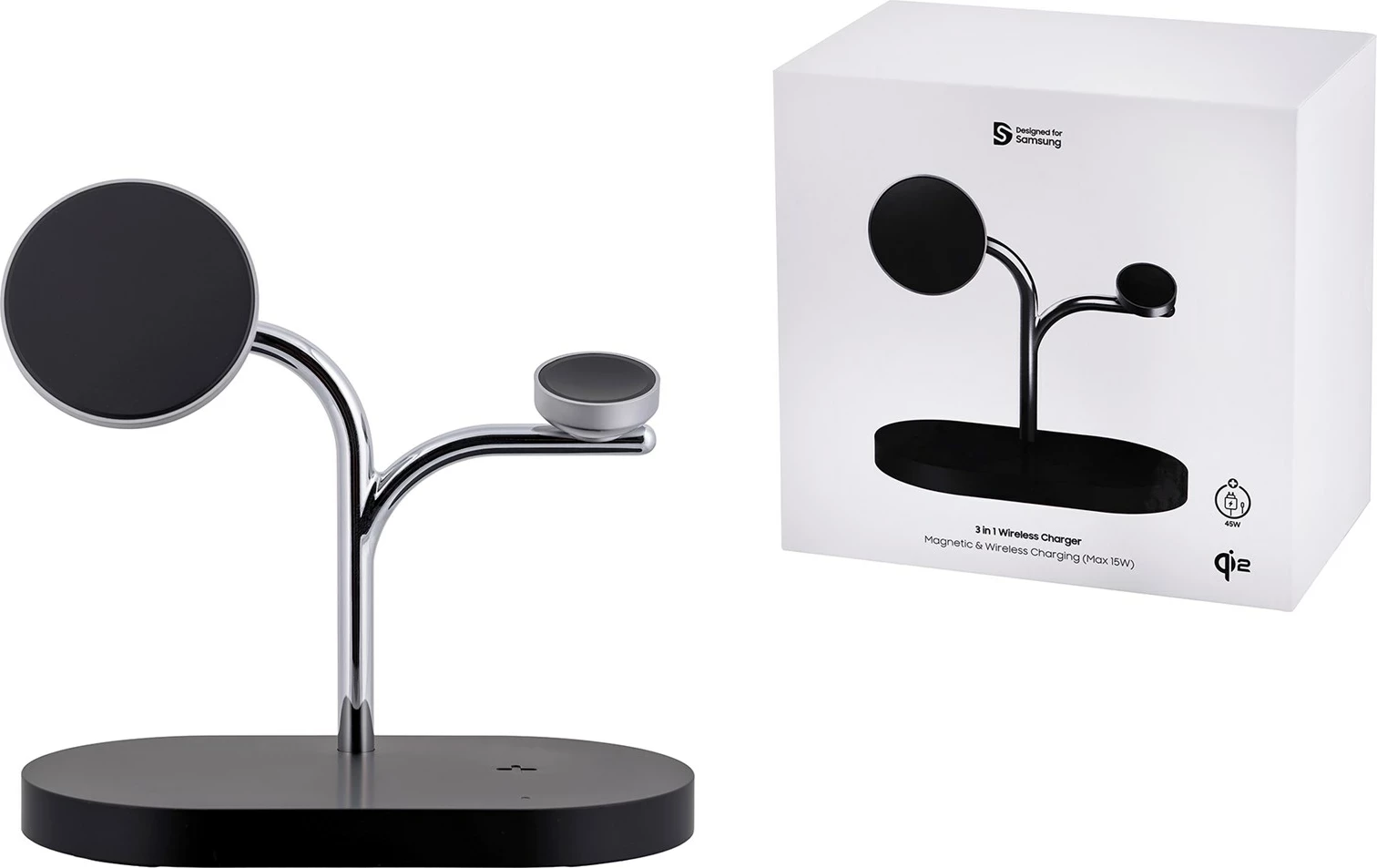 Karikues wireless Samsung GP-PWU024WIABW, për smartwatch, celular, kufje, 15W, USB Type-C, zi/argjendtë