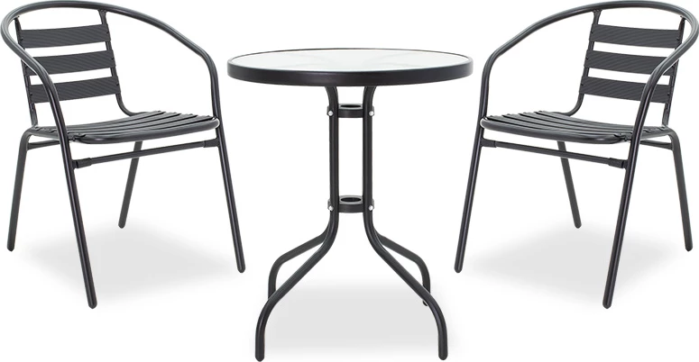 Tavolinë me karrige për terasë, 3 pjesë, metal e xham, ngjyrë e zezë, D60x70cm