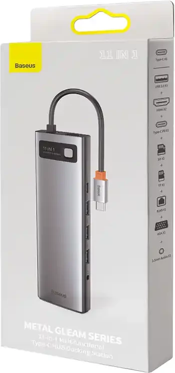 Kasë Baseus Metal Gleam Series CAHUB-CT0G, 11 porte, USB-C, HDMI, VGA, RJ45, Gri