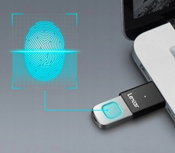 USB memorje Lexar JumpDrive Fingerprint F35Pro 64 GB, USB 3.2 Gen 1, e enkriptuar, me sensor gishti, zi/argjend