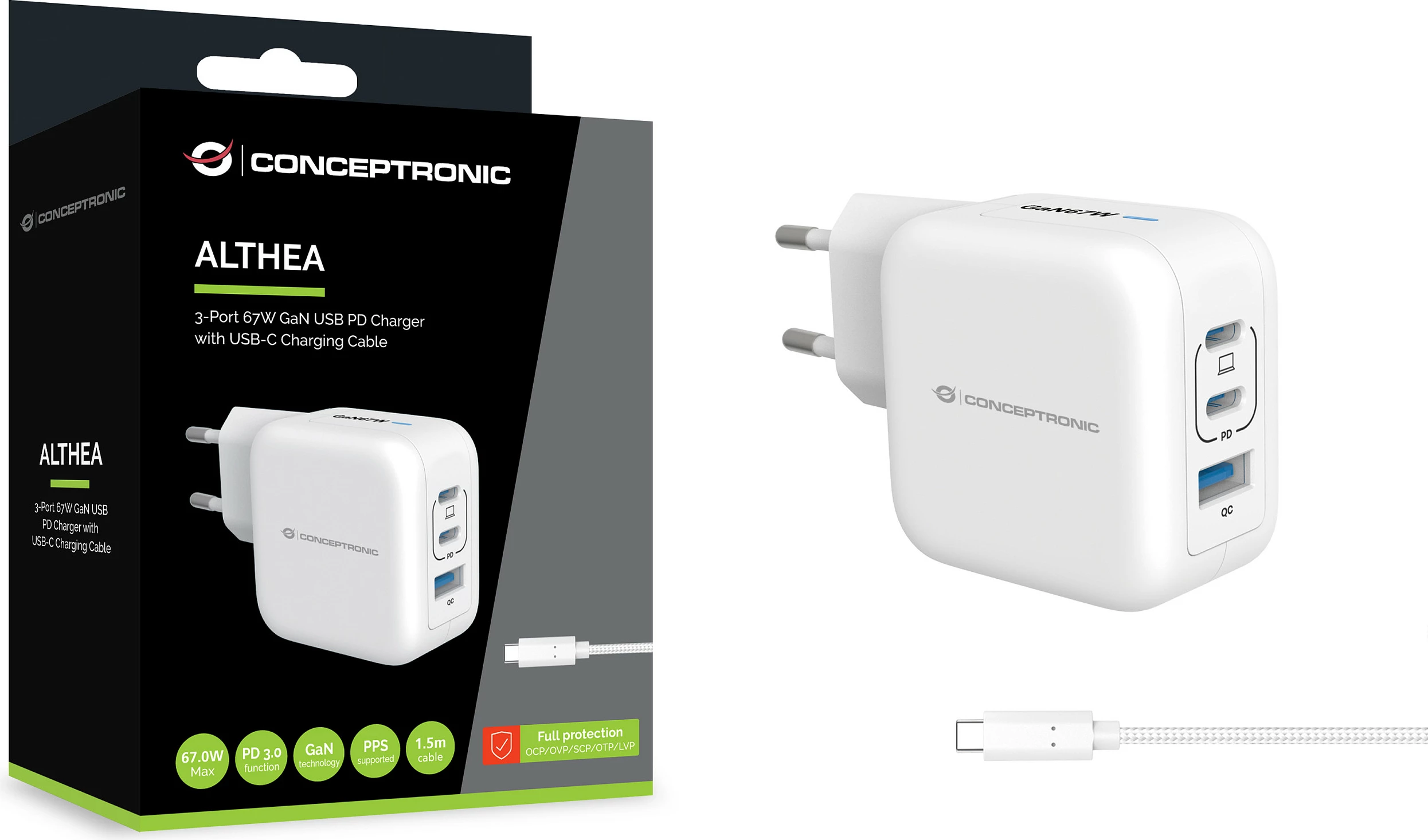 Karikues muri Conceptronic 67W GaN, 2x USB-C PD + 1x USB-A QC, me kabllo USB-C 1.5 m, i bardhë