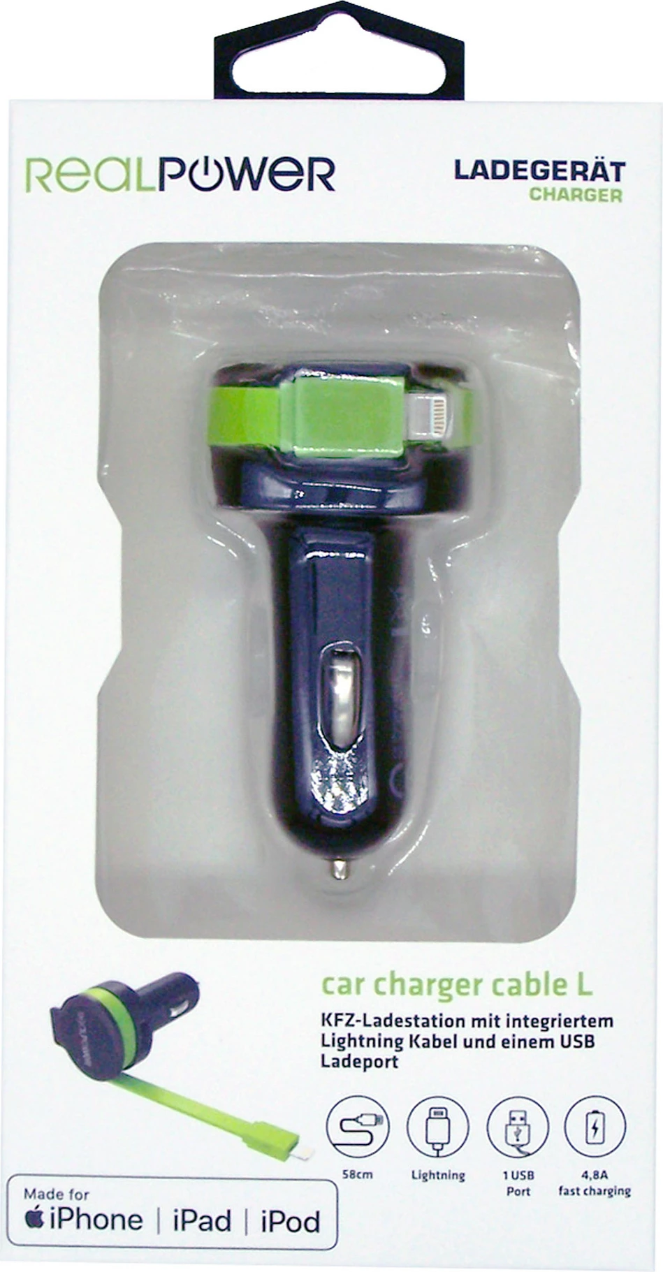 Karikues për veturë RealPower 257637, Lightning, 4.8A, 0.58 m, zi/jeshile