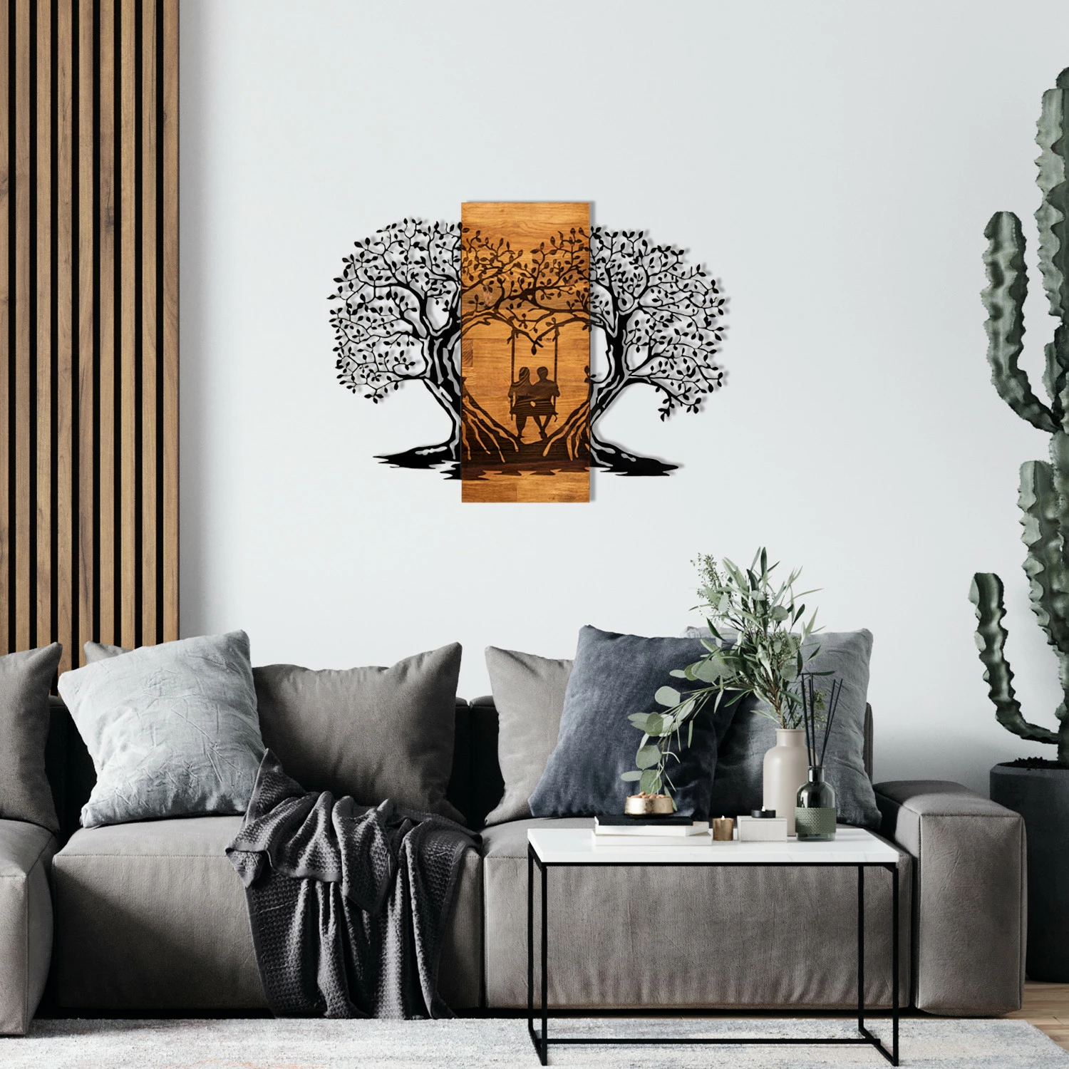 Aksesor dekorativ për mur, dru dhe metal, Wallity Eva, ngjyrë e zezë dhe arre, 76x58cm