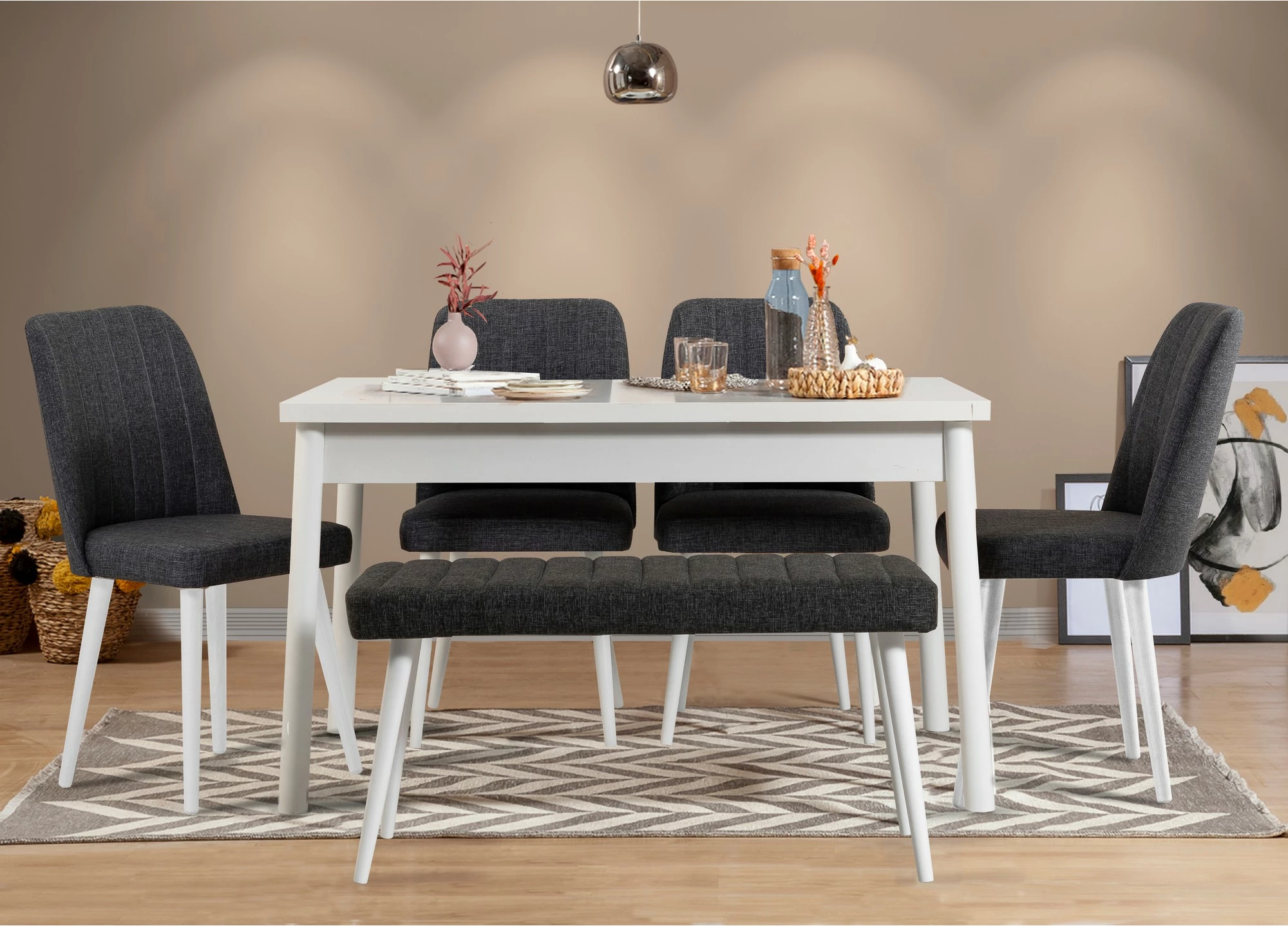 Tavolinë me karrige (6 copë), Skye Decor, Costa 1053 - 2 B, e bardhë dhe antracit