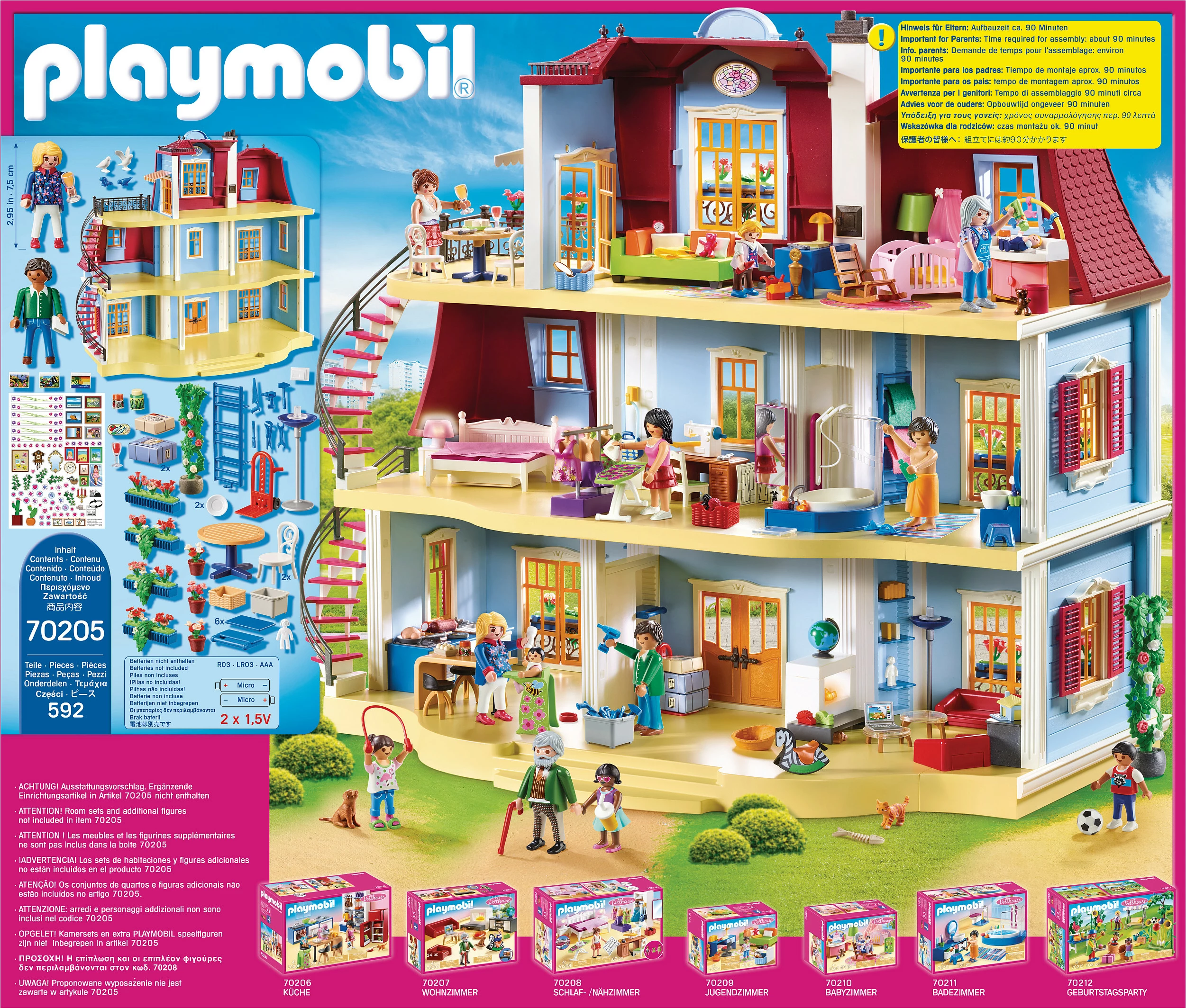 Shtëpi kukullash Playmobil Dollhouse 70205, 592 pjesë, blu/kuqe
