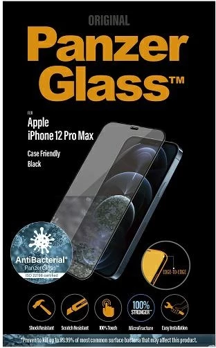 Xham mbrojtës PanzerGlass E2E Super+ Microfracture për iPhone 12 Pro Max, antibakterial, kornizë e zezë
