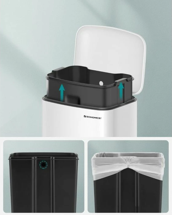 Kosh mbeturinash me pedal SONGMICS LTB01W 30 L, soft-close, me kovë të brendshme, metal, e bardhë