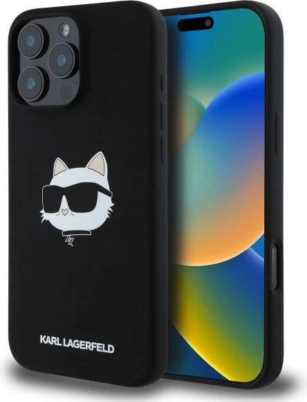 Mbështjellës, Karl Lagerfeld, Silicone Choupette Head Print MagSafe, për iPhone 16 Pro 6.3", silikon hardcase me unazë MagSafe, i zi