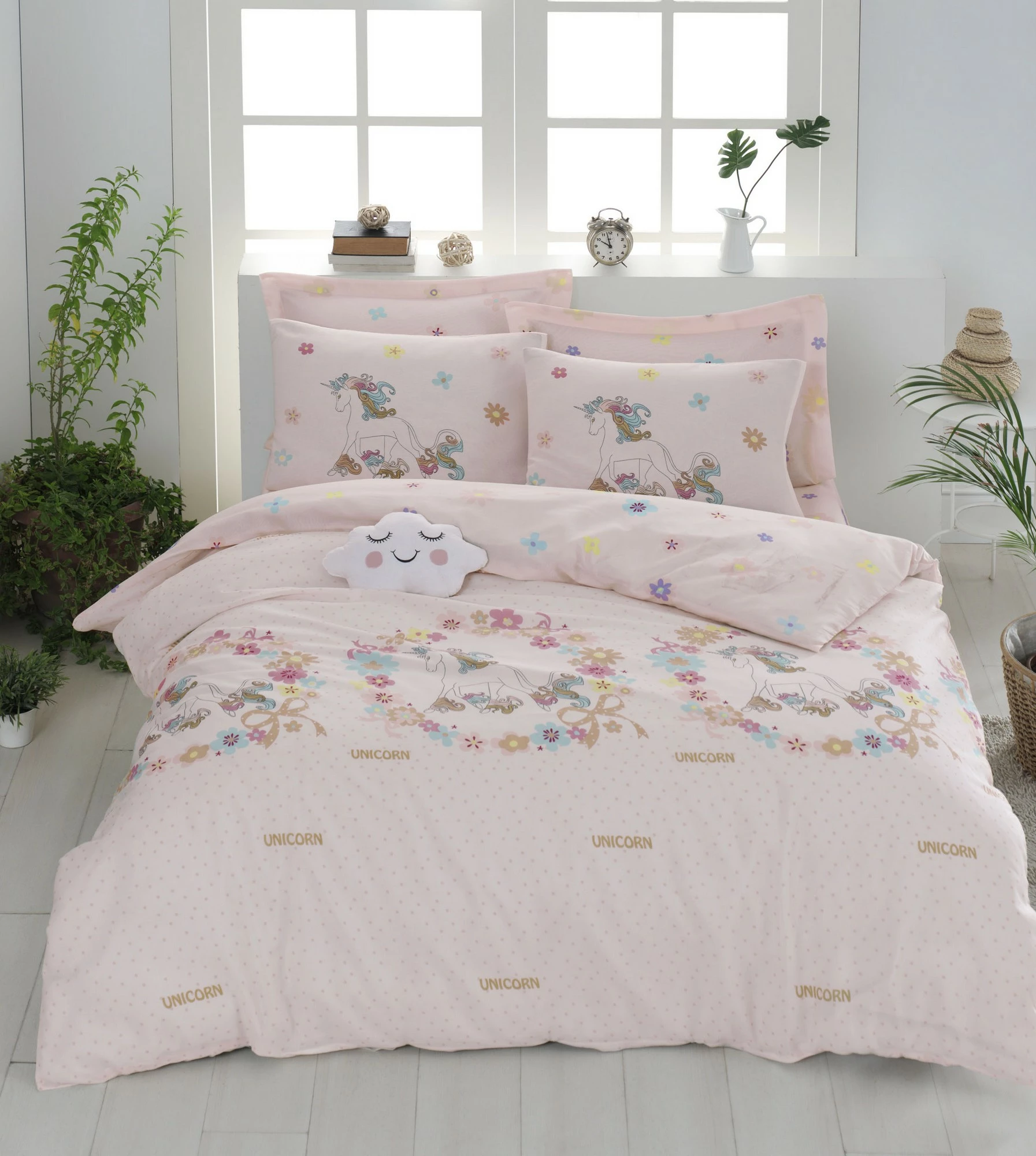 Set mbulesë për jorgan dopio, Unicornlar, rozë-bezhë