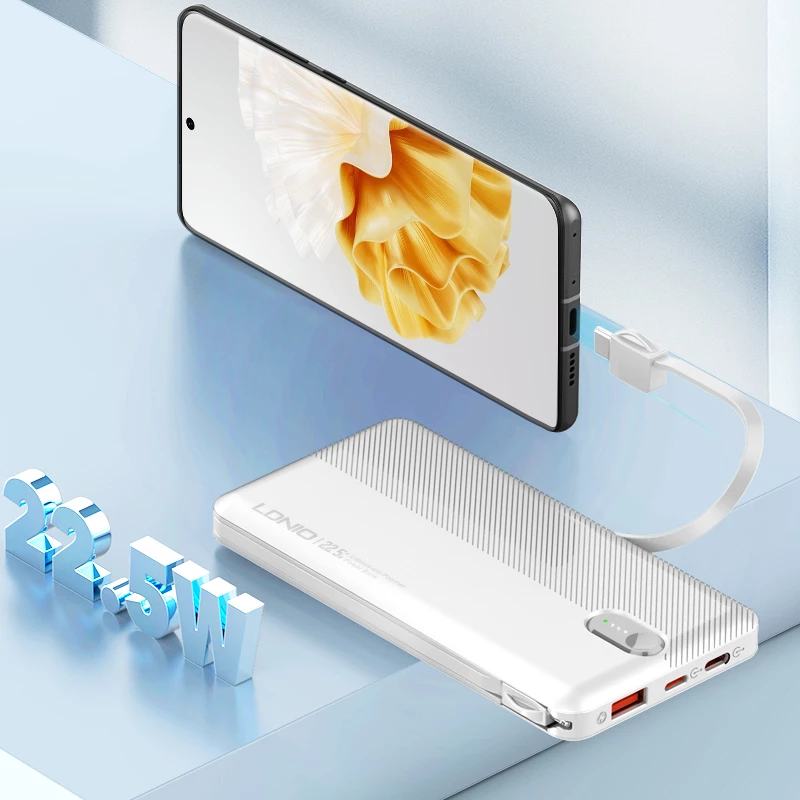 Power bank LDNIO PQ13 10000mAh 22.5W me kabllo të integruara USB-C + Lightning (1C1L) dhe 1x USB-A, e bardhë