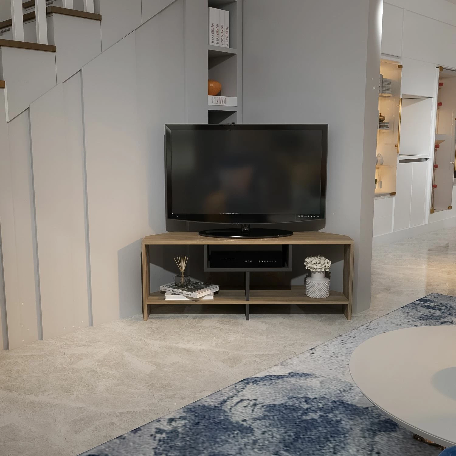 Komodë TV Skye Decor, Maldiv, ngjyrë arre dhe e bardhë