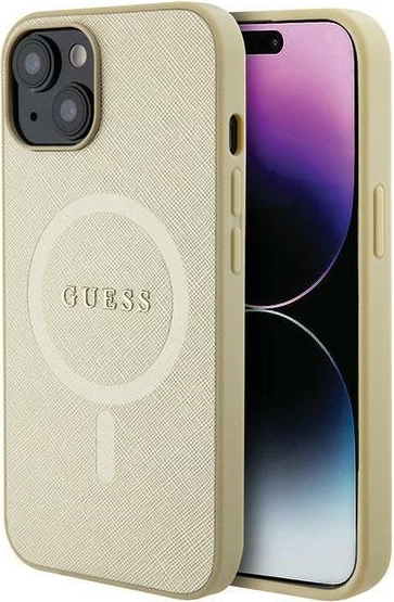 Mbështjellës Guess GUHMP15MPSAHMCB për iPhone 15 Plus 6.7", Saffiano MagSafe, ari