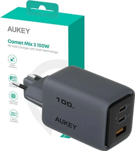 Karikues muri AUKEY PA-C5 Comet Mix 3, 100W, 3xUSB (2xUSB-C, 1xUSB-A), Gri