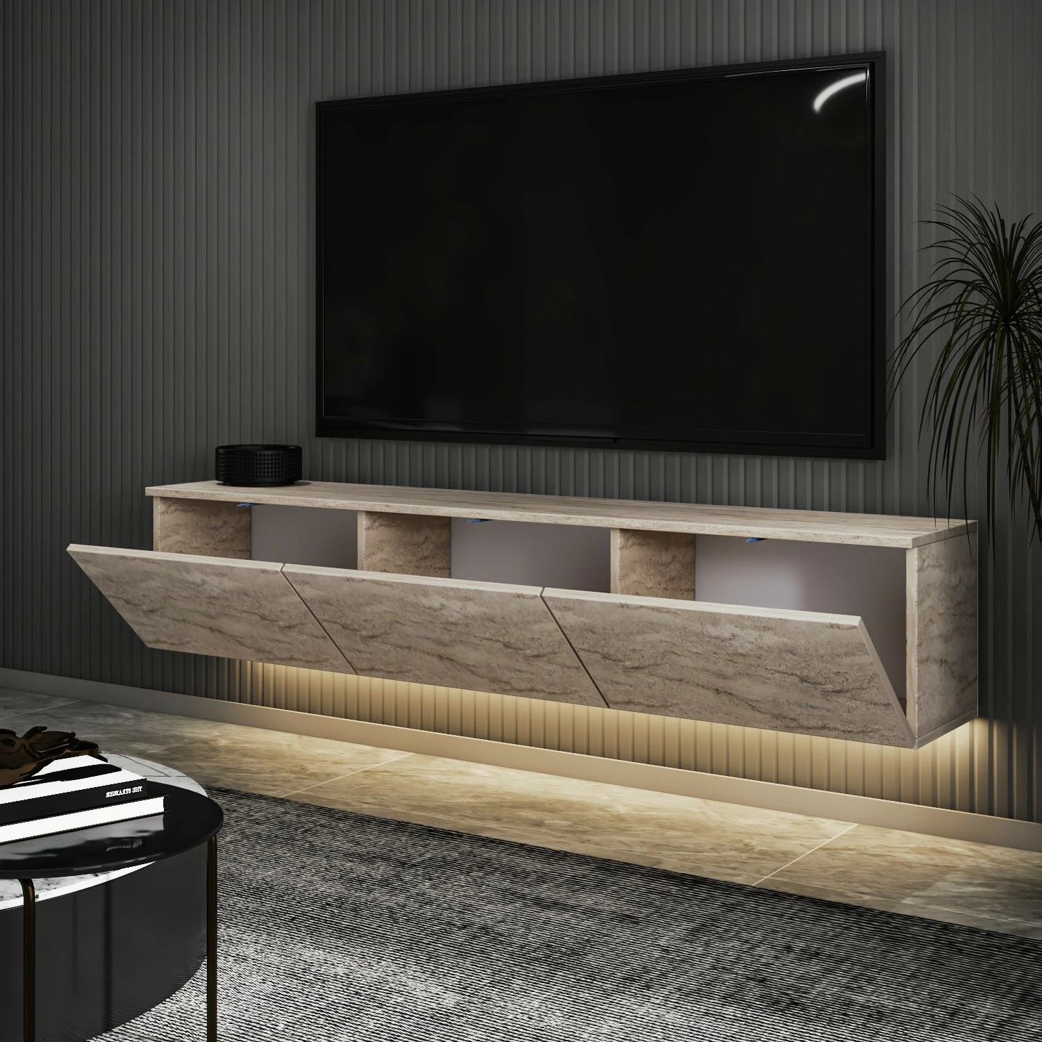 Komodë TV Hanah Home, ndriçim neon, ngjyrë travertin
