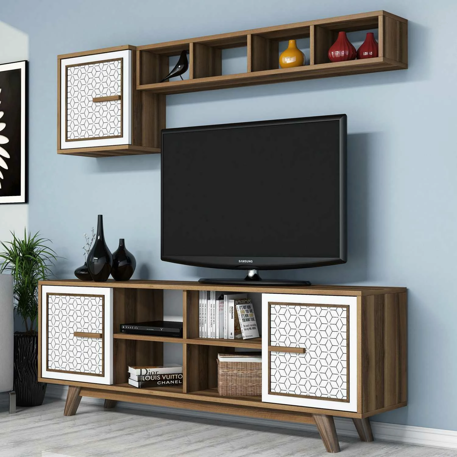 Set komodë TV Hanah Home, Ayla, ngjyrë arre dhe e bardhë