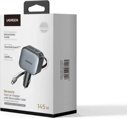 Karikues makine UGREEN 55910B 145W me kabllo USB-C të integrume (tërheqëse), 1x USB-C + 1x USB-A, Space Grey