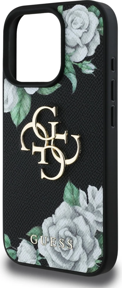 Mbështjellës Guess Grained Roses Big 4G logo për iPhone 16 Pro Max, i zi