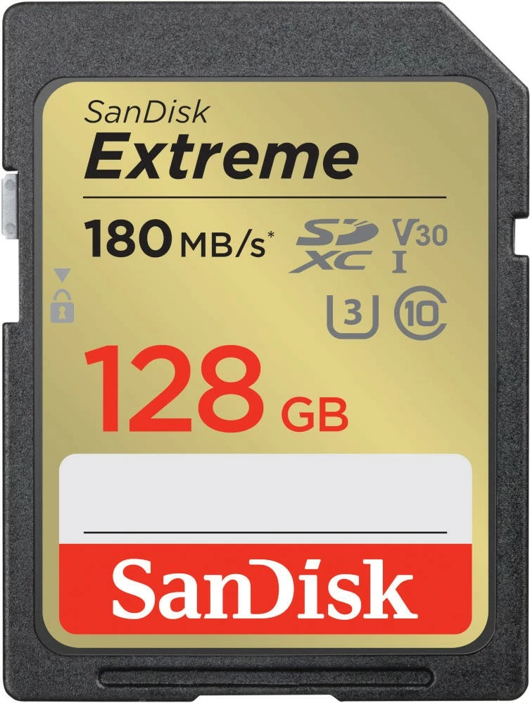 Kartelë memorie SanDisk Extreme SDXC 128GB, 180/90 MB/s, V30, UHS-I, e verdhë