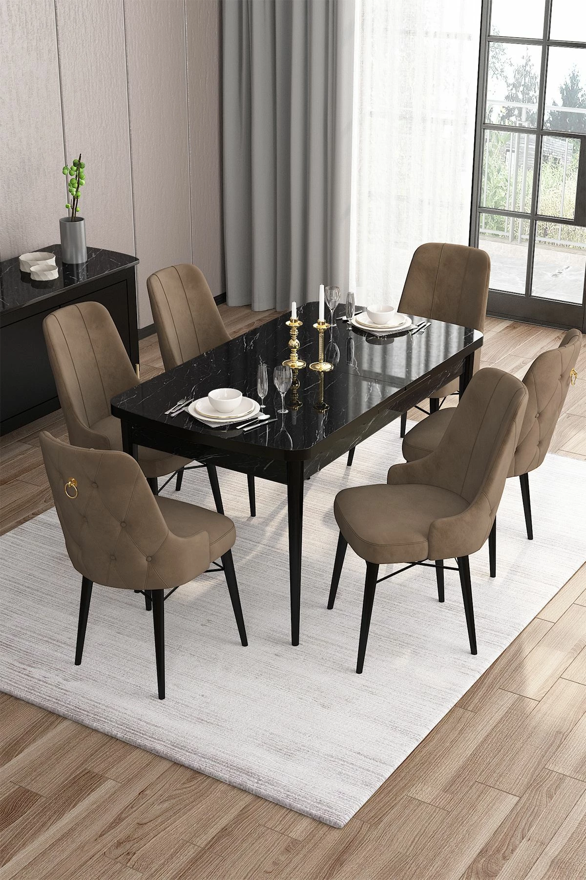 Set tavoline me karrige për ngrënie, zgjatues, 7 pjesë, Skye Decor, mermer i zi, kafe