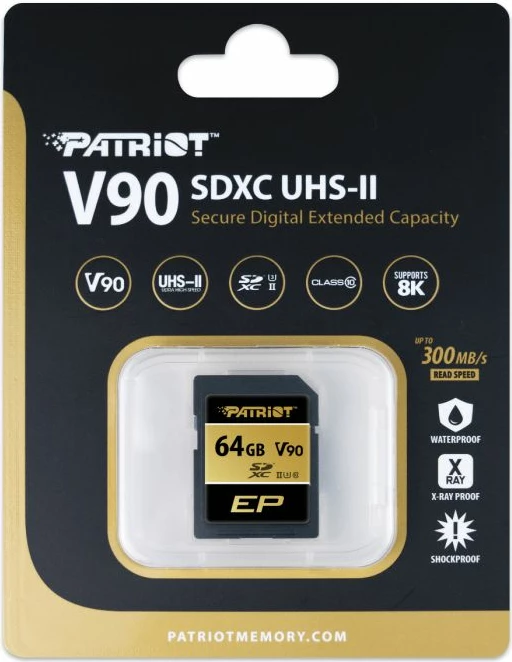 Kartelë memorje SDXC PATRIOT EP V90 64GB UHS-II Class 10 U3, 300/260 MB/s, zi/ari
