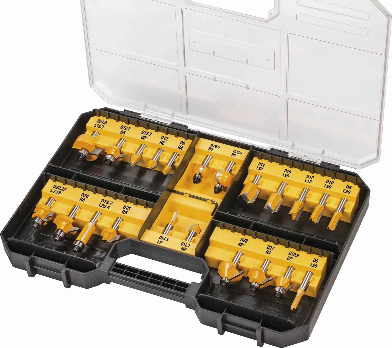 Set frezash për ruter DeWalt DT90017 22 copë