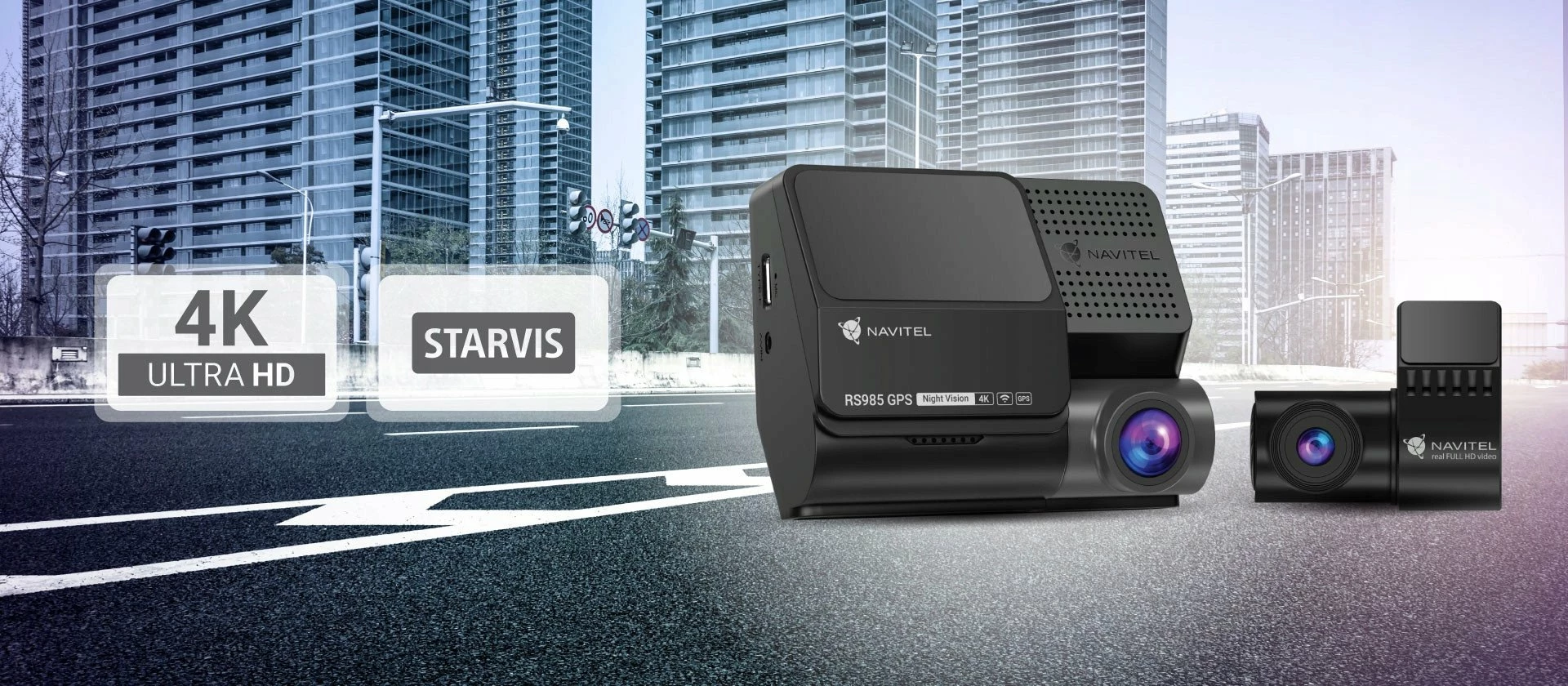Dashcam Navitel RS985 4K me GPS, e zezë, set me kamerë të pasme