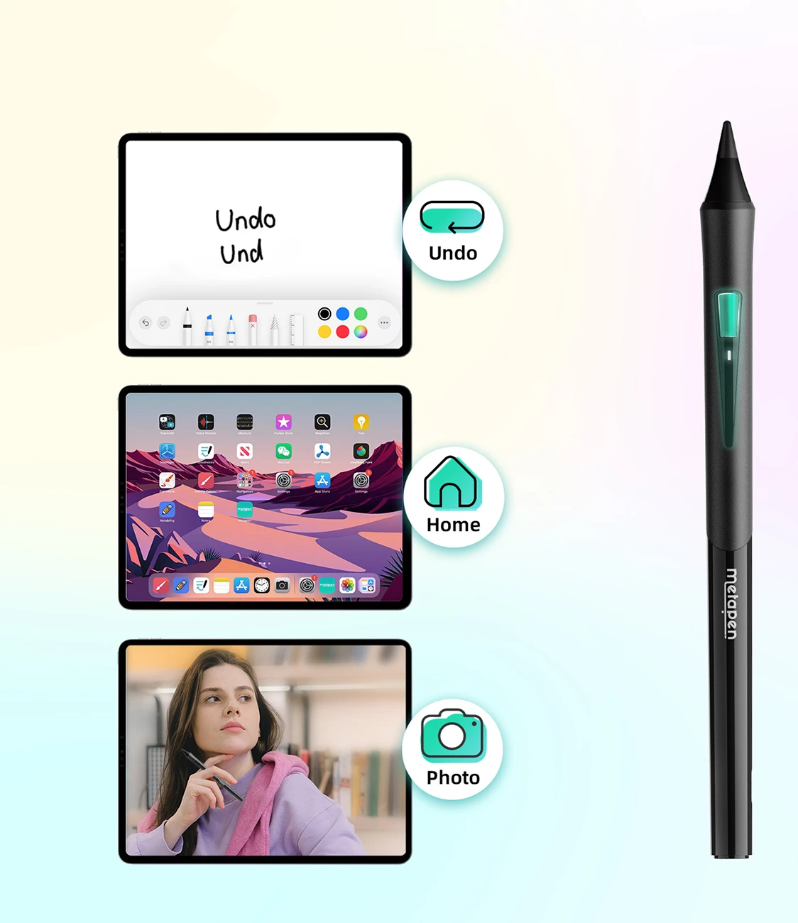 Stylus për iPad, Metapen Pencil D1, Bluetooth me buton anësor, saktësi 0.1 mm, USB‑C, i zi