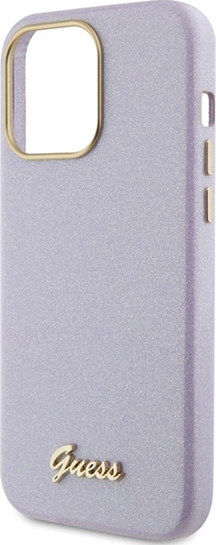 Mbështjellës Guess Glitter Glossy Script për iPhone 15 Pro, vjollcë
