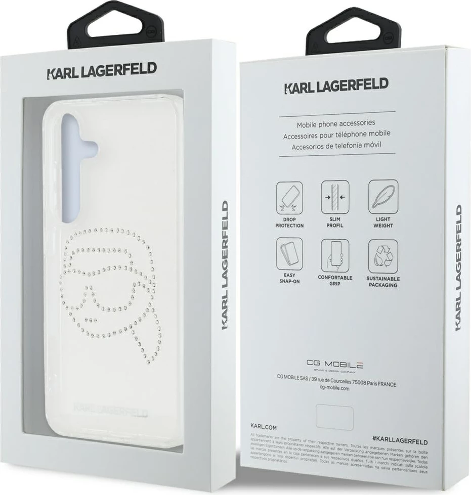 Mbështjellës Karl Lagerfeld Rhinestones Karl Head Logo për Samsung Galaxy S25, transparent