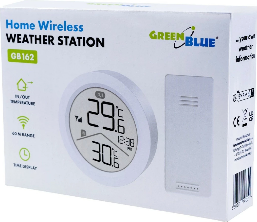 Stacion moti wireless GreenBlue GB162, temperaturë brenda/jashtë, orë, rreze 60 m, i bardhë, me sensor