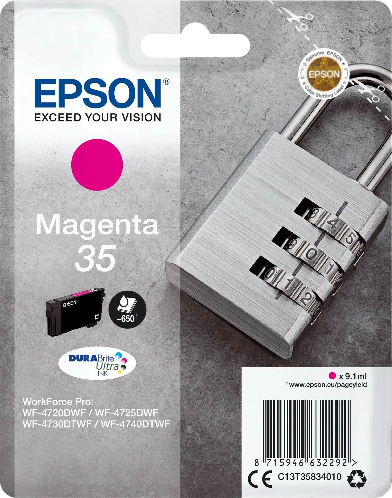 Toner Epson Padlock Singlepack Magenta 35 DURABrite Ultra Ink, 9.1 ml, 650 faqe