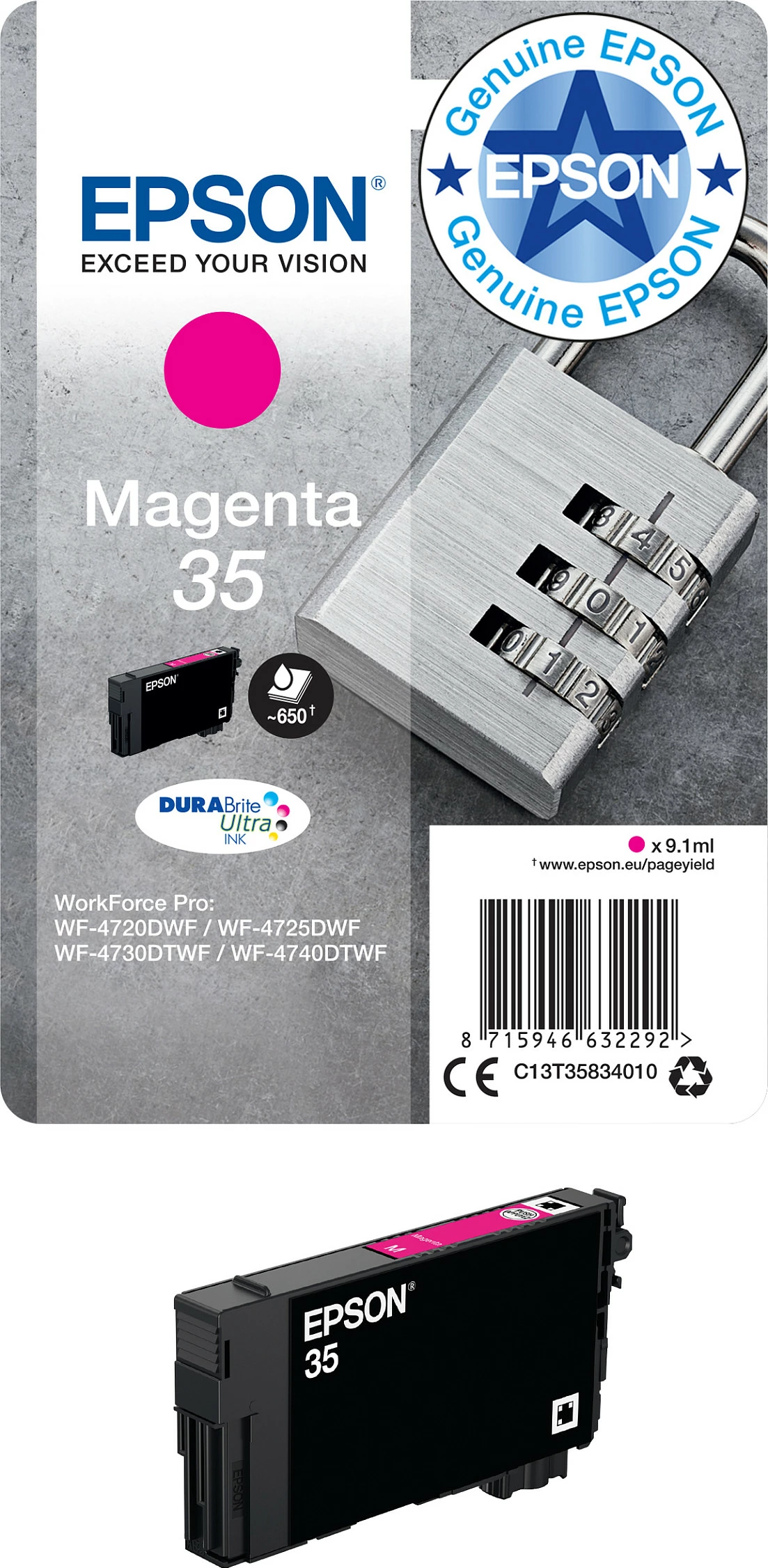 Toner Epson Padlock Singlepack Magenta 35 DURABrite Ultra Ink, 9.1 ml, 650 faqe